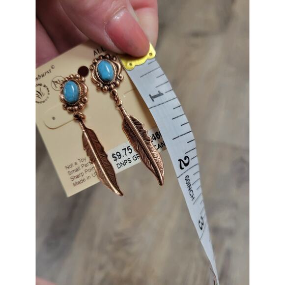 Grand Canyon Copper Feather Turquoise Long Drop Earrings NEW Made in USA - Picture 4 of 4